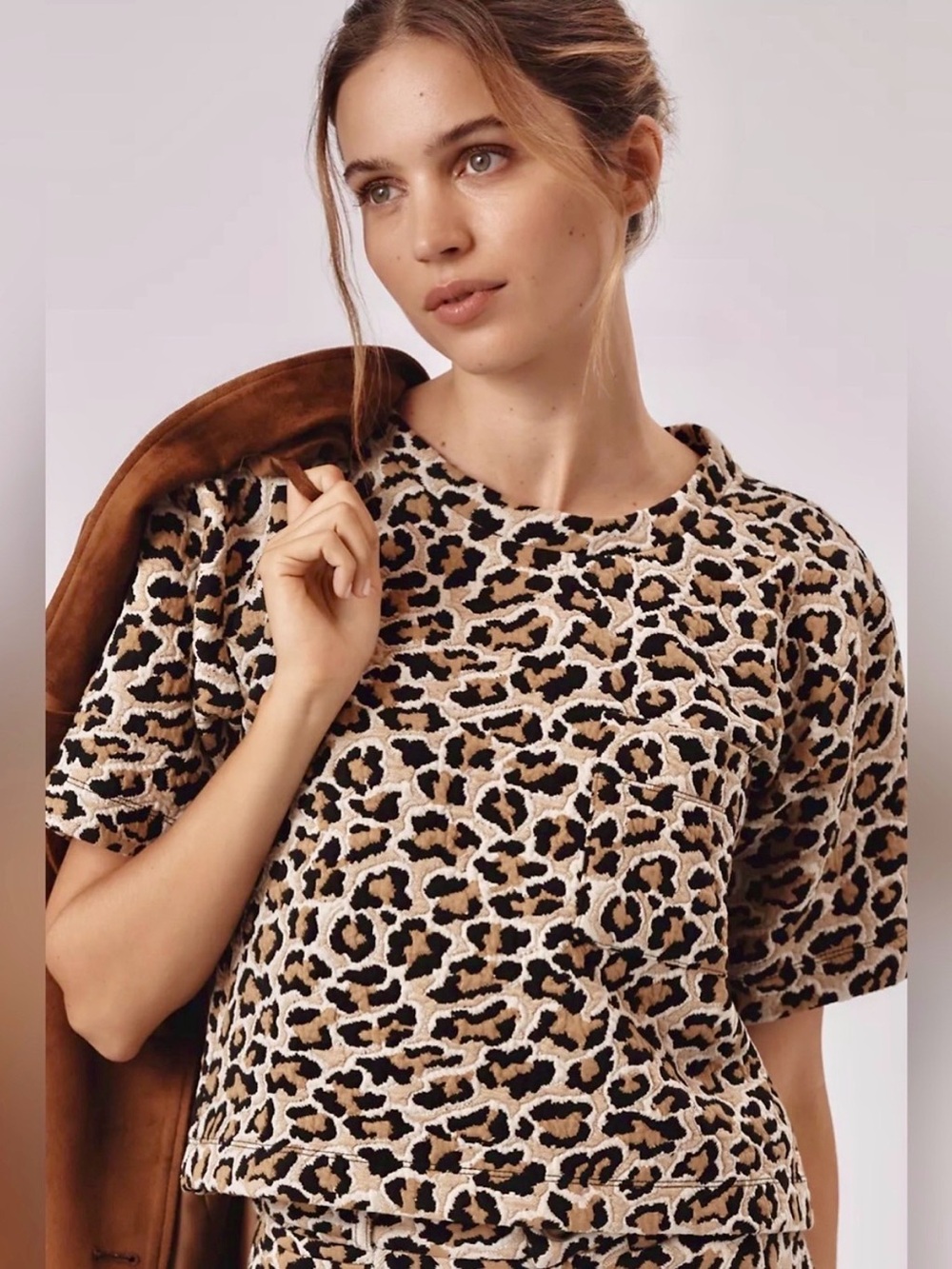 Maeve Leopard Print Boxy Top - Black, Tan, Cream - Picture 2 of 6